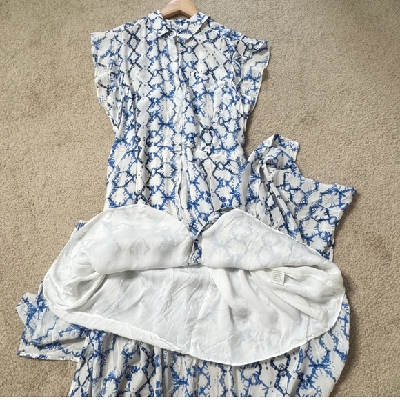 Rebecca Taylor Silk Maxi Dress Button Front Short Flutter Sleeve Blue White Sz 8 - Picture 15 of 16
